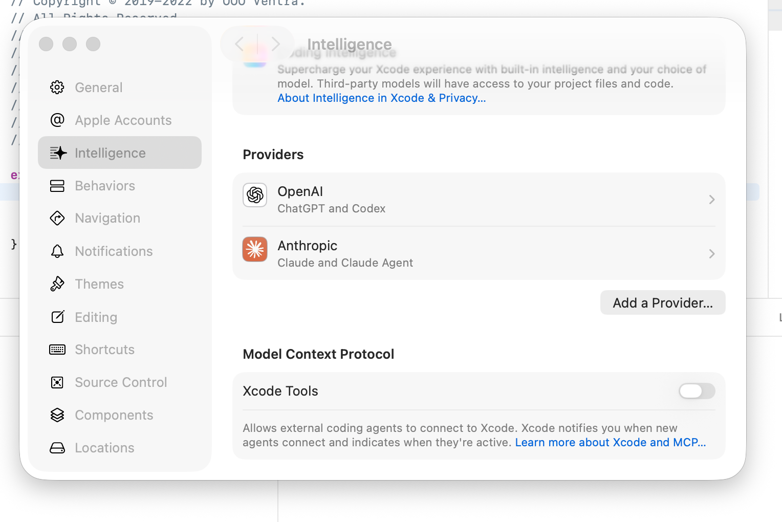 Xcode Settings → Intelligence → Model Context Protocol